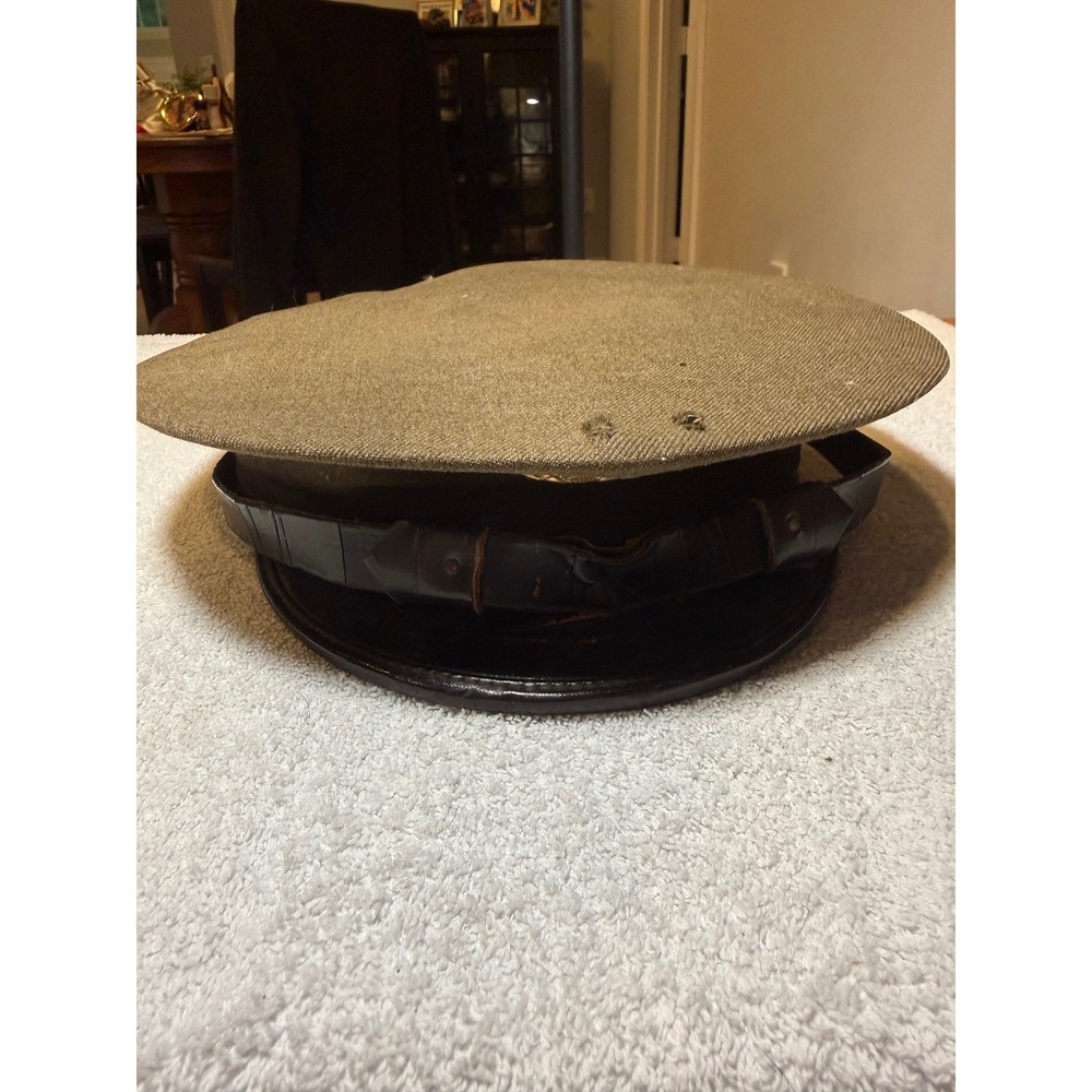 WWII US Army Service Cap Olive Drab Wool Visor Hat Great Seal Button Fair